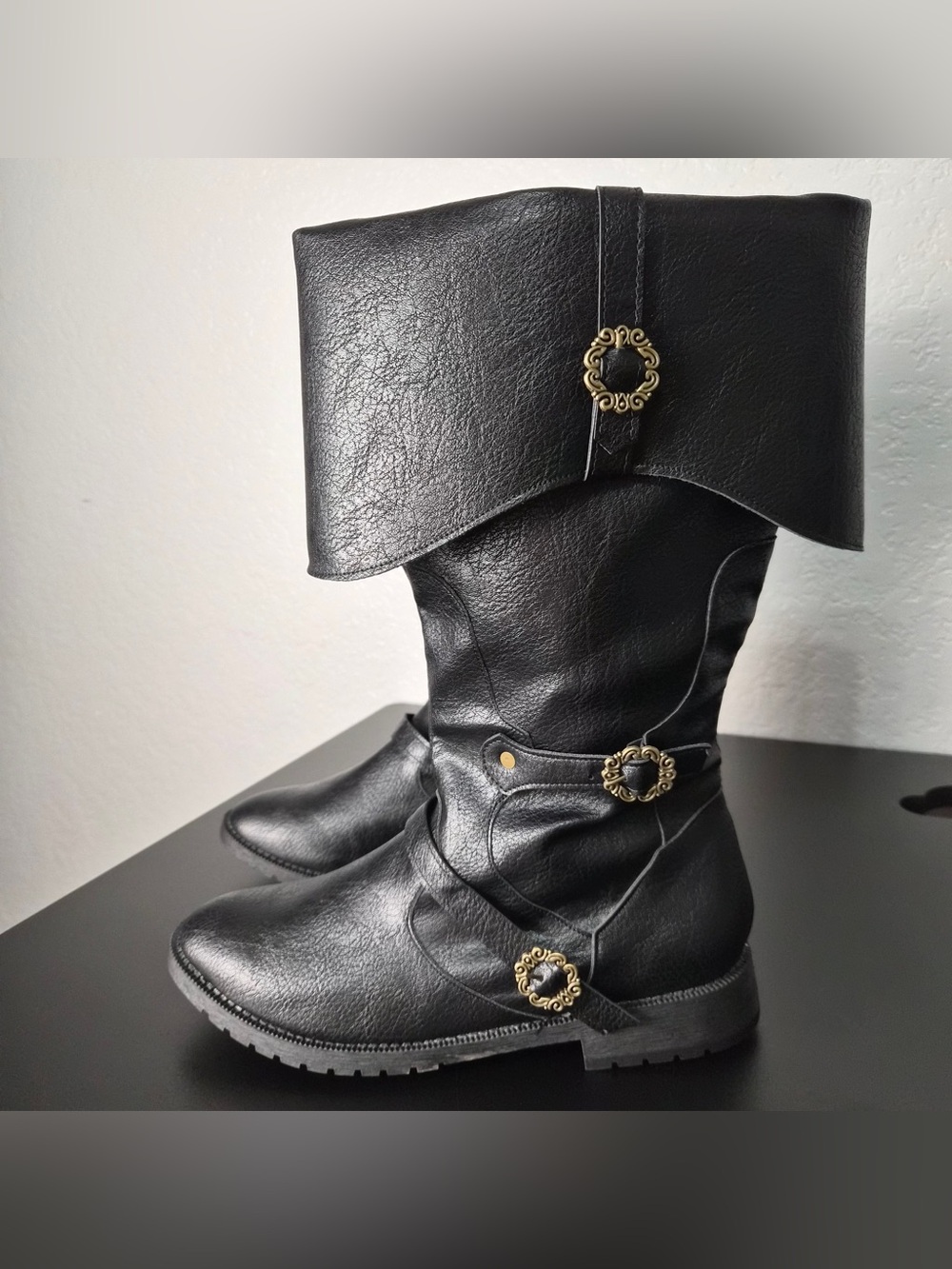 Men’s Black Fold-Over Buckle Boots Zip-Up Pirate Renaissance Festival Costume 10